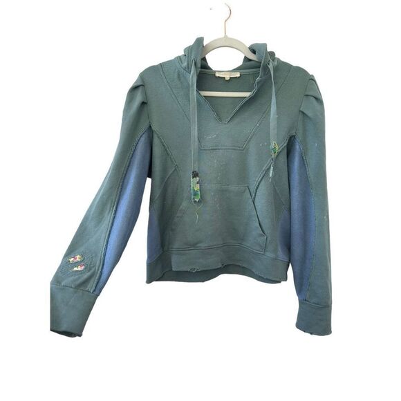 LoveShackFancy Women's 100% Cotton Distressed Hooded Sweater Blue Size XS - Picture 2 of 8